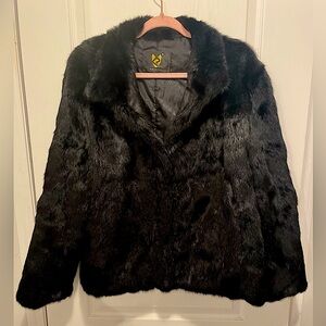 Black Short Rabbit Fur Coat w/Plush Fox Collar sz XL like new 🖤